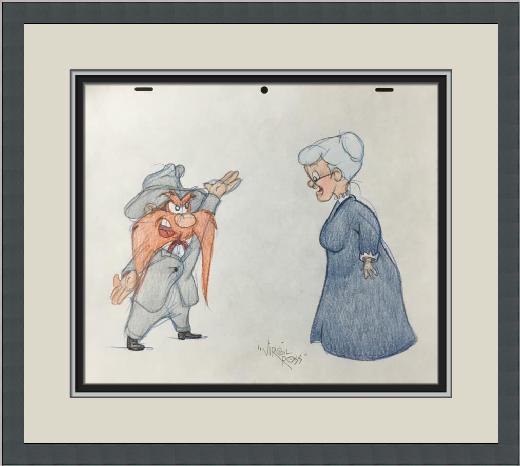 Virgil Ross Original Signed Model Sheet Drawing Yosemite Sam Granny Custom Frame: Virgil Ross Original Signed Model Sheet Drawing Yosemite Sam Granny Custom Frame Character: Yosemite Sam Granny Animation Studio: Warner Bros Item Height: 10 in Item Width: 12 in Theme: Animation Insc