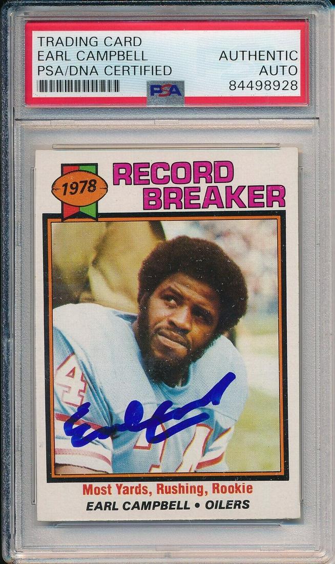 Earl Campbell HOF Oilers Signed/Auto 1979 TOPPS Rookie Card #331 PSA/DNA 166270: Earl Campbell HOF Oilers Signed/Auto 1979 TOPPS Rookie Card #331 PSA/DNA 166270 Sport: Football-NFL Product: Photo Original/Reprint: Original Team: Houston Oilers Autograph Authentication: PSA/DNA Lea