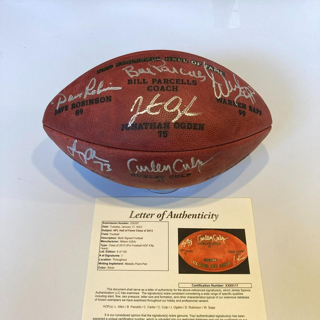 2013 Hall Of Fame Class Signed Football Ogden Sapp Parcells Robinson Allen JSA: 2013 Hall Of Fame Class Signed Football Ogden Sapp Parcells Robinson Allen JSA Sport: Football-NFL Signed: Yes Original/Reprint: Original Autograph Authentication: James Spence Authentication (JSA) Pr
