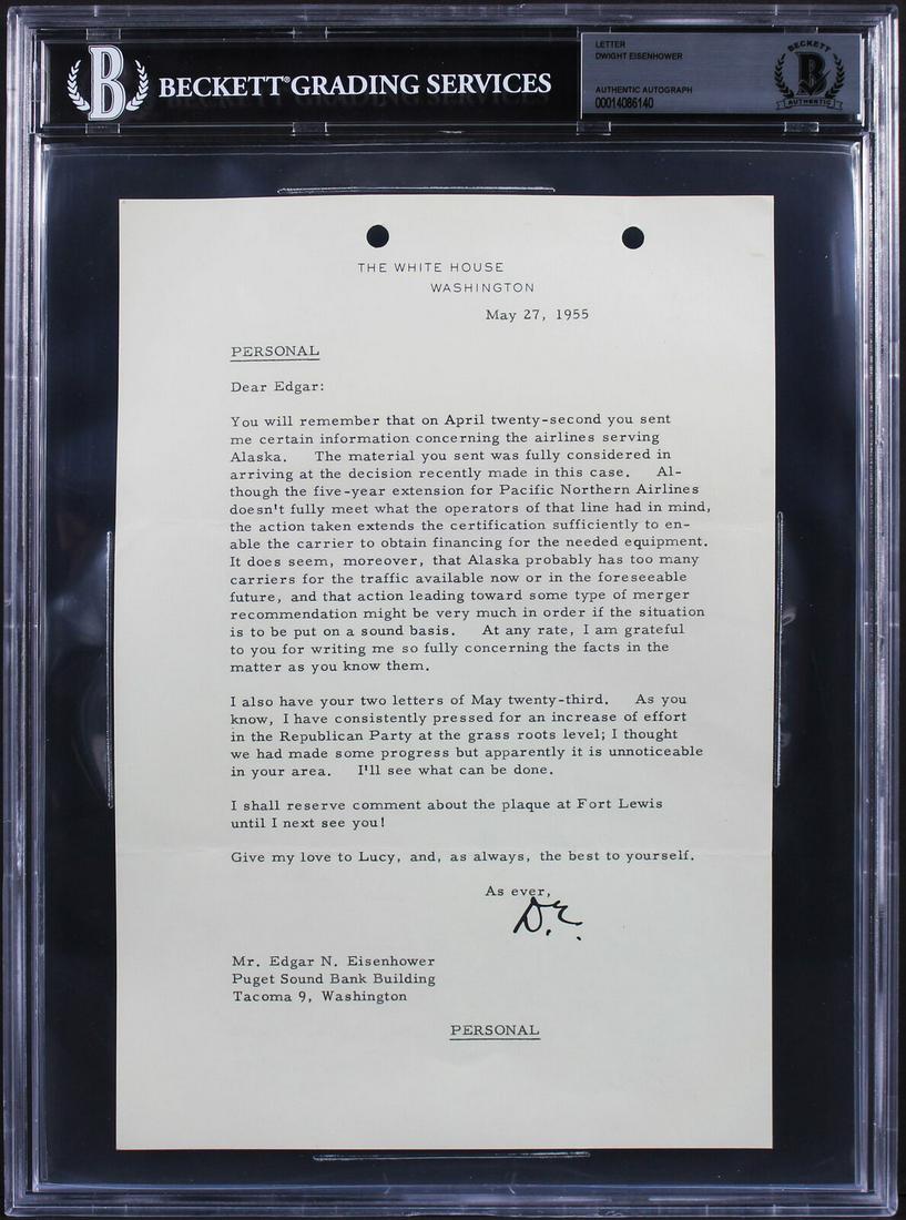 Dwight D. Eisenhower Signed 1955 Letter On White House Letterhead BAS Slabbed: Dwight D. Eisenhower Signed 1955 Letter On White House Letterhead BAS Slabbed Autograph Authentication: Beckett Original/Reproduction: Original Product Coa: Beckett Product Signed By Name: Dwight D. E