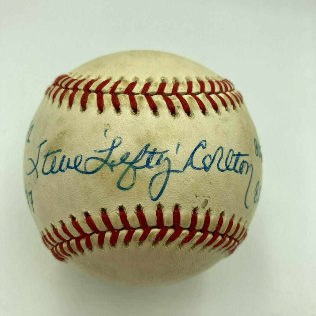 Steve Lefty Carlton "1972 1977 1980 1982 Cy Young" Signed Baseball JSA COA: Steve Lefty Carlton "1972 1977 1980 1982 Cy Young" Signed Baseball JSA COA Product: Ball Sport: Baseball-MLB Autograph Authentication: James Spence Authentication (JSA) Original/Reprint: Original Pre-