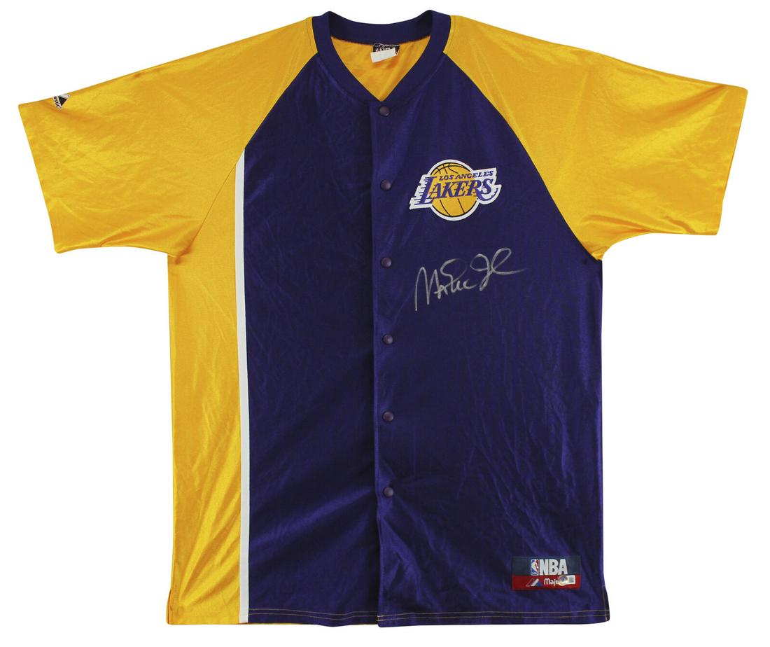 Lakers Magic Johnson Signed Purple & Yellow Majestic Warmup Shirt BAS #W205617: Lakers Magic Johnson Signed Purple & Yellow Majestic Warmup Shirt BAS #W205617 Sport: Basketball-NBA Original/Reprint: Original Player: Magic Johnson Autograph Authentication: Beckett Team: Los Angele