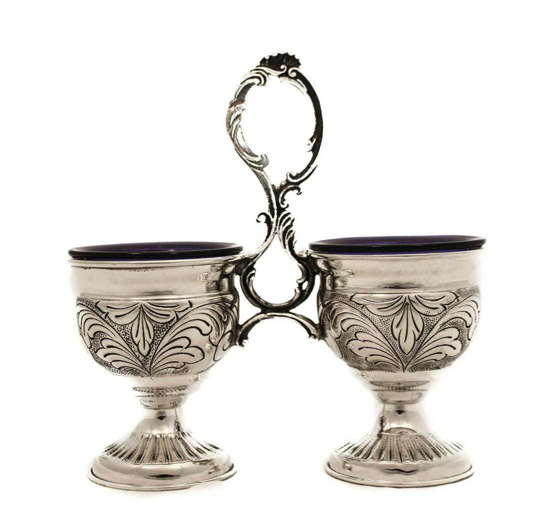 925 STERLING SILVER FLORAL LEAF CHASED ORNATE DOUBLE SALT HOLDER STAND