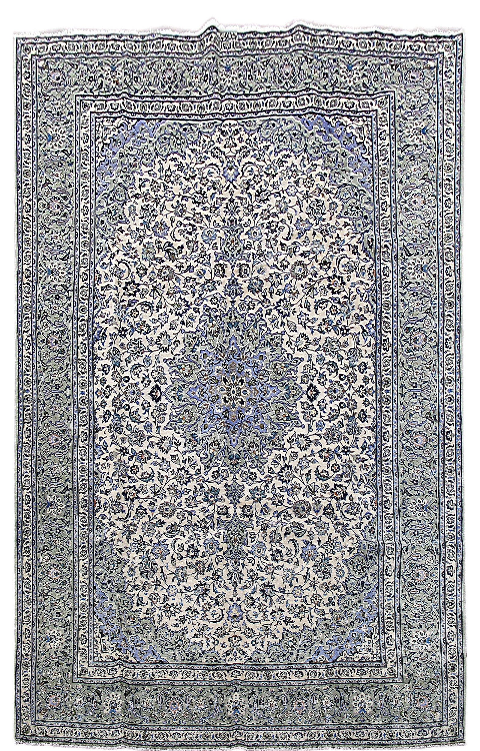 8.6' x 13.8' Ivory Blue Persian Kashan Rug 80202: 8.6' x 13.8' Ivory Blue Persian Kashan Rug 80202 Size in Feet: Width: 9 x Length: 14 Size in Inches: Width:108 in x Length: 168 in Colors: Cream Silver Color Weave: 100% Handmade Pile: 3/8 Wool Style: