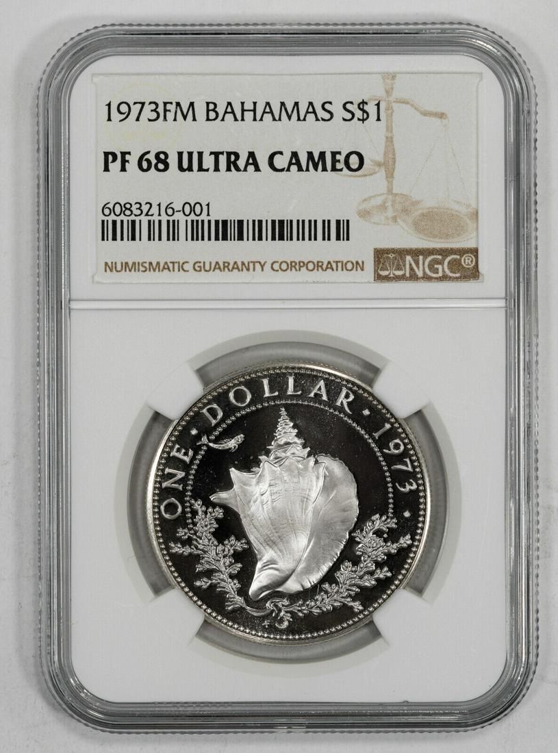 1973 FM PROOF BAHAMAS DOLLAR S$1 SILVER CONCH SHELL NGC PF 68 - ULTRA CAMEO (001: 1973 FM PROOF BAHAMAS DOLLAR S$1 SILVER CONCH SHELL NGC PF 68 - ULTRA CAMEO (001 Certification: NGC Strike Type: Proof Grade: PF 68 ULTRA CAMEO Year: 1973 Composition: Silver Pre-Owned The MYNT Guaran