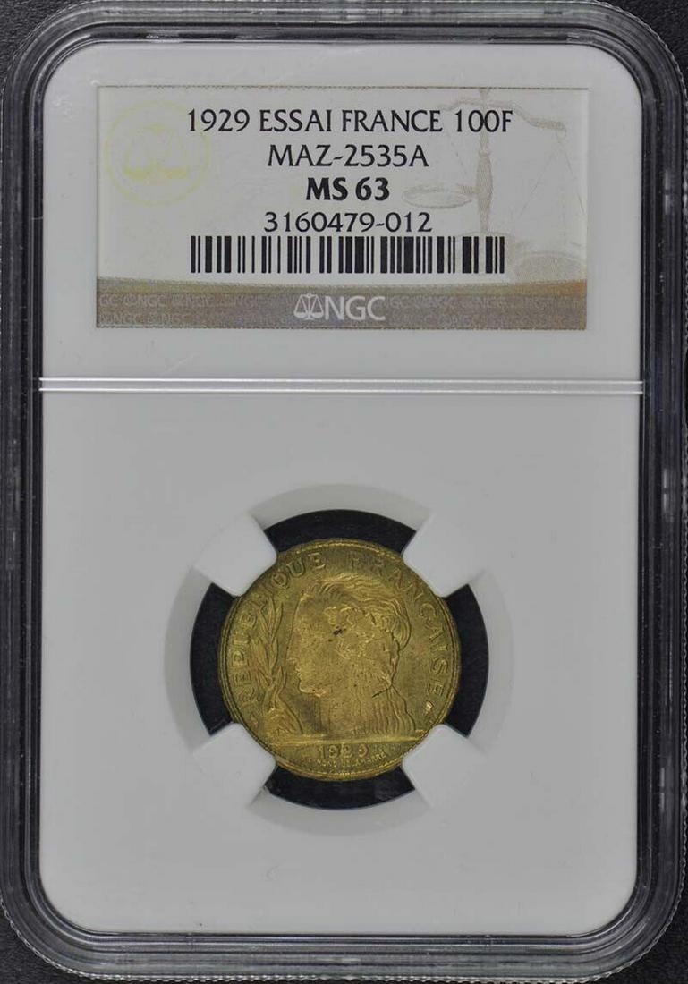 1929 France Essai 100F Maz-25375A NGC MS63: 1929 France Essai 100F Maz-25375A NGC MS63 Circulated/Uncirculated: Uncirculated Year: 1929 Certification: NGC Certification Number: 3160479012 Grade: MS63 Pre-Owned The MYNT Guarantee: All items in t