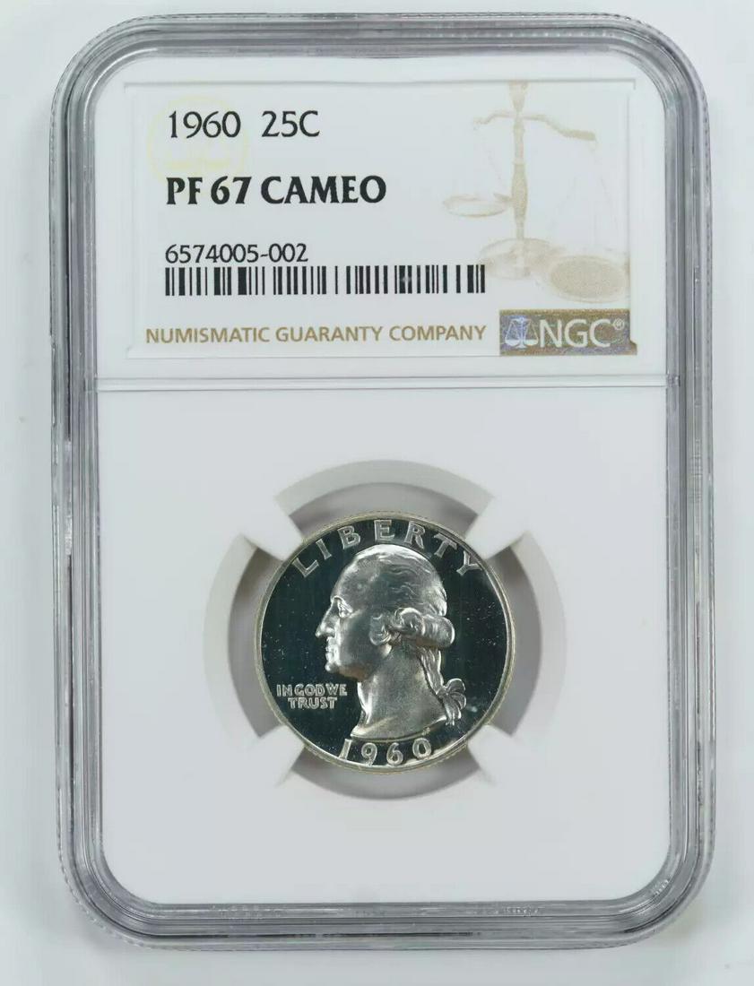 1960 PROOF WASHINGTON QUARTER 25C SILVER NGC CERTIFIED PF 67 CAMEO (002): 1960 PROOF WASHINGTON QUARTER 25C SILVER NGC CERTIFIED PF 67 CAMEO (002) Certification: NGC Composition: Silver Grade: PF-67 Year: 1960 Circulated/Uncirculated: Uncirculated Strike Type: PR Mint Locat