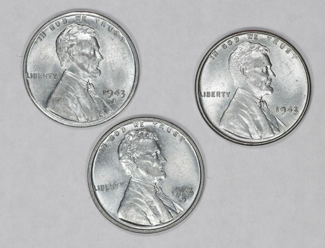 1943 P / D / S LINCOLN WHEAT CENT PENNY 1C GEM STEEL CENTS SET OF 3 COINS: 1943 P / D / S LINCOLN WHEAT CENT PENNY 1C GEM STEEL CENTS SET OF 3 COINS Coin: Lincoln Wheat Penny Certification: Uncertified Grade: Ungraded Year: 1943 Circulated/Uncirculated: Uncirculated Composit