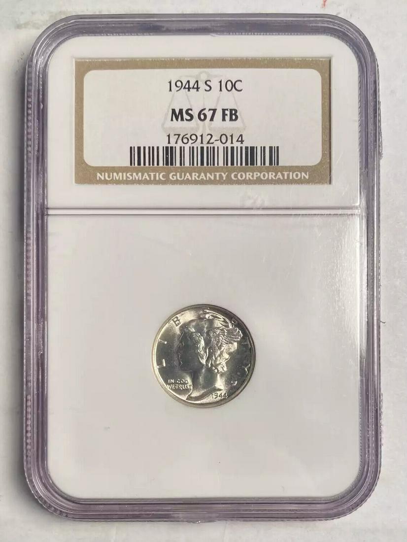 1944 S Mercury Dime NGC MS-67 FB: 1944 S Mercury Dime NGC MS-67 FB Certification: NGC Composition: Silver Grade: MS-67 Year: 1944 Circulated/Uncirculated: Uncirculated Strike Type: MS Mint Location: San Francisco Country: USA Km Numbe