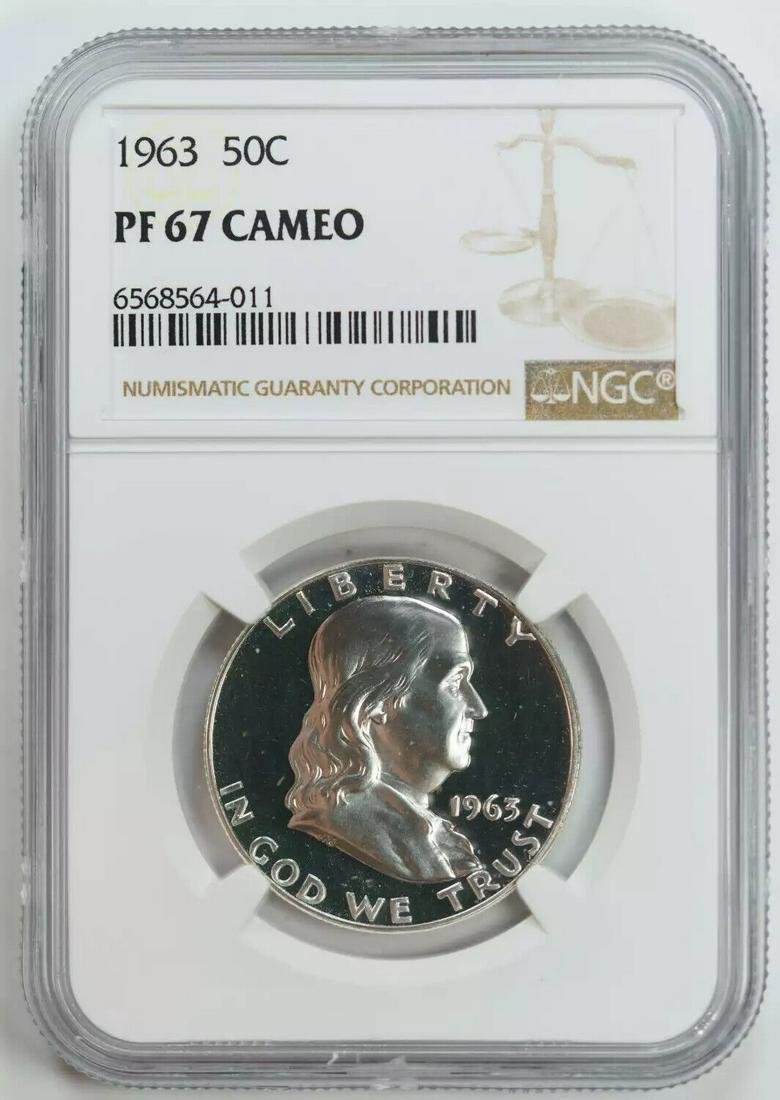 1963 PROOF FRANKLIN HALF DOLLAR 50C SILVER NGC CERTIFIED PF 67 CAMEO (011): 1963 PROOF FRANKLIN HALF DOLLAR 50C SILVER NGC CERTIFIED PF 67 CAMEO (011) Certification: NGC Composition: Silver Grade: PF-67 Year: 1963 Circulated/Uncirculated: Uncirculated Strike Type: PR Mint Loc