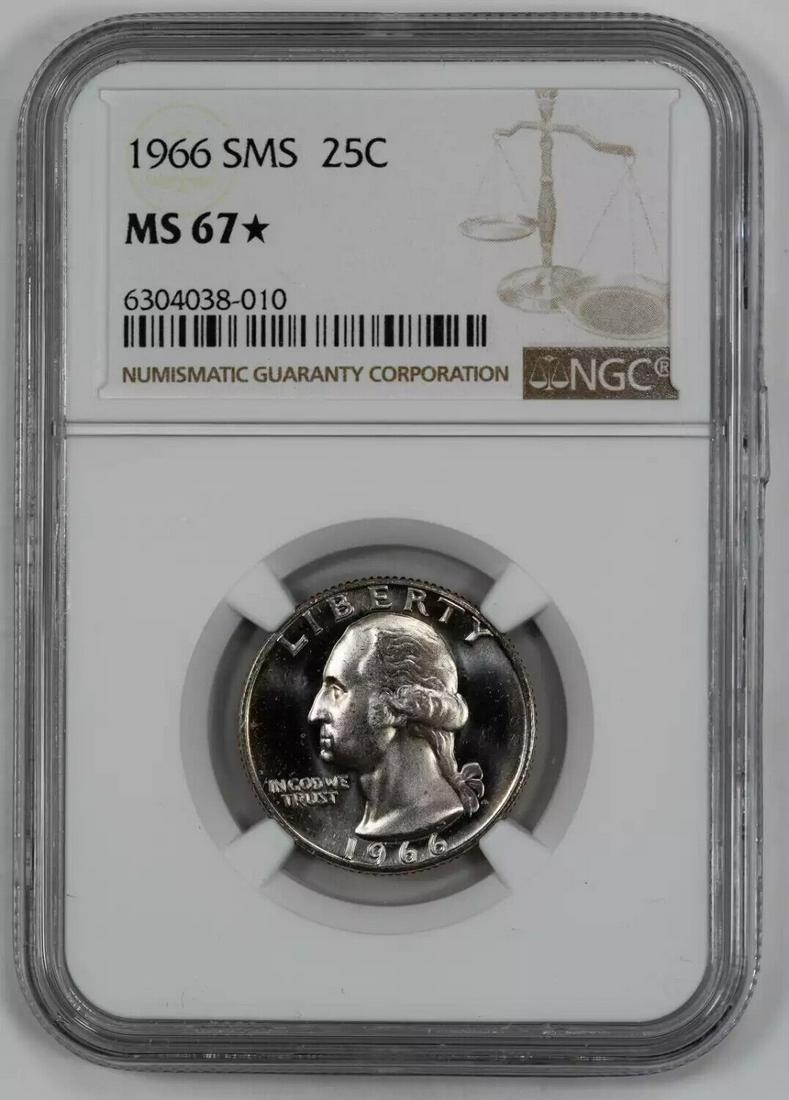 1966 SMS WASHINGTON QUARTER 25C NGC CERTIFIED MS 67* MINT UNC STAR (010): 1966 SMS WASHINGTON QUARTER 25C NGC CERTIFIED MS 67* MINT UNC STAR (010) Certification: NGC Composition: Copper-Nickel Grade: MS-67* Year: 1966 Circulated/Uncirculated: Uncirculated Strike Type: MS Mi