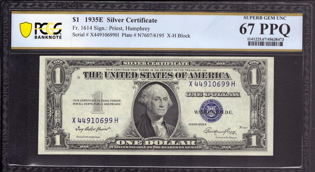 1935 E $1 SILVER CERTIFICATE NOTE FR.1614 XH BLOCK PCGS B SUPERB GEM 67 PPQ: 1935 E $1 SILVER CERTIFICATE NOTE FR.1614 XH BLOCK PCGS B SUPERB GEM 67 PPQ Circulated/Uncirculated: Uncirculated Denomination: $1 Type: Banknotes Year: 1935 Certification Number: 45638473 Grade: 67 G