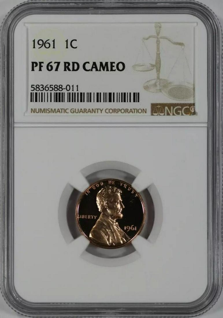 1961 LINCOLN MEMORIAL CENT 1C NGC CERTIFIED PF 67 RD RED PROOF UNC CAMEO (011): 1961 LINCOLN MEMORIAL CENT 1C NGC CERTIFIED PF 67 RD RED PROOF UNC CAMEO (011) Certification: NGC Composition: Copper Grade: PF-67 Year: 1961 Circulated/Uncirculated: Uncirculated Strike Type: PR Mint