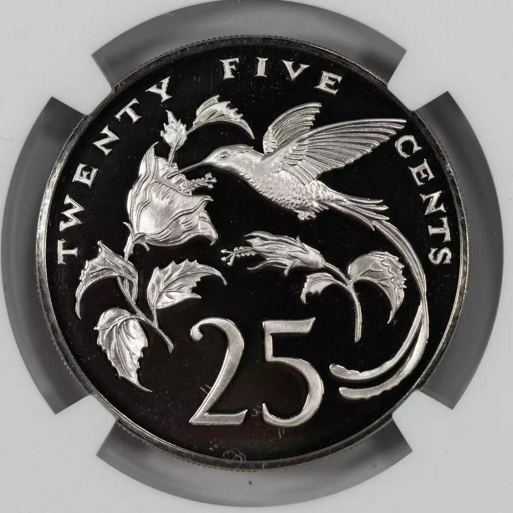 1975 FM PROOF JAMAICA HUMMINGBIRD FLOWER 25C NGC PF 69 ULTRA CAMEO 1975 FM PROOF JAMAICA HUMMINGBIRD FLOWER 25C NGC PF 69 ULTRA CAMEO