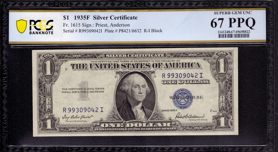 1935 F $1 SILVER CERTIFICATE NOTE FR.1615 RI BLOCK PCGS B SUPERB GEM 67 PPQ: 1935 F $1 SILVER CERTIFICATE NOTE FR.1615 RI BLOCK PCGS B SUPERB GEM 67 PPQ Circulated/Uncirculated: Uncirculated Denomination: $1 Type: Banknotes Year: 1935D Certification Number: 45658822 Grade: 67 