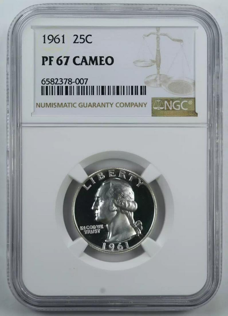 1961 PROOF WASHINGTON QUARTER 25C SILVER NGC CERTIFIED PF 67 CAMEO (007): 1961 PROOF WASHINGTON QUARTER 25C SILVER NGC CERTIFIED PF 67 CAMEO (007) Certification: NGC Composition: Silver Grade: PF-67 Year: 1961 Circulated/Uncirculated: Uncirculated Strike Type: PR Mint Locat
