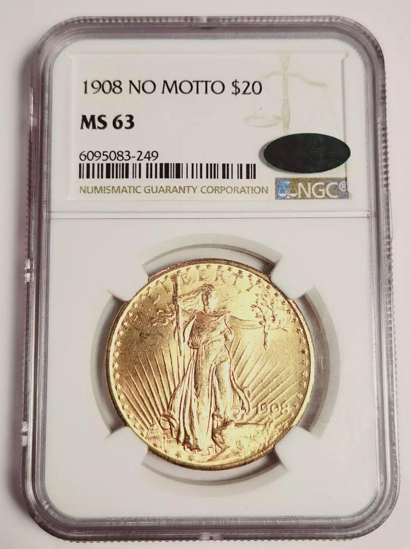 1908 P Double Eagle Saint Gaudens NGC MS-63 NO MOTTO CAC: 1908 P Double Eagle Saint Gaudens NGC MS-63 NO MOTTO CAC Certification: NGC and CAC Composition: Gold Grade: MS-63 Year: 1908 Circulated/Uncirculated: Uncirculated Strike Type: MS Mint Location: Phila