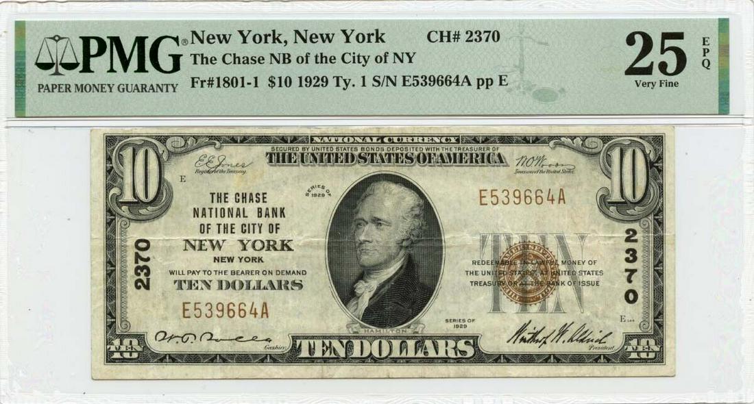 1929 Ty1 Chase National City of NY NY CH#2370 PMG VF25 EPQ: 1929 Ty1 Chase National City of NY NY CH#2370 PMG VF25 EPQ Denomination: 1801-1 Year: 1929 Grade: VF25 Certification: PMG Circulated/Uncirculated: Circulated Certification Number: 2023444027 Pre-Owned