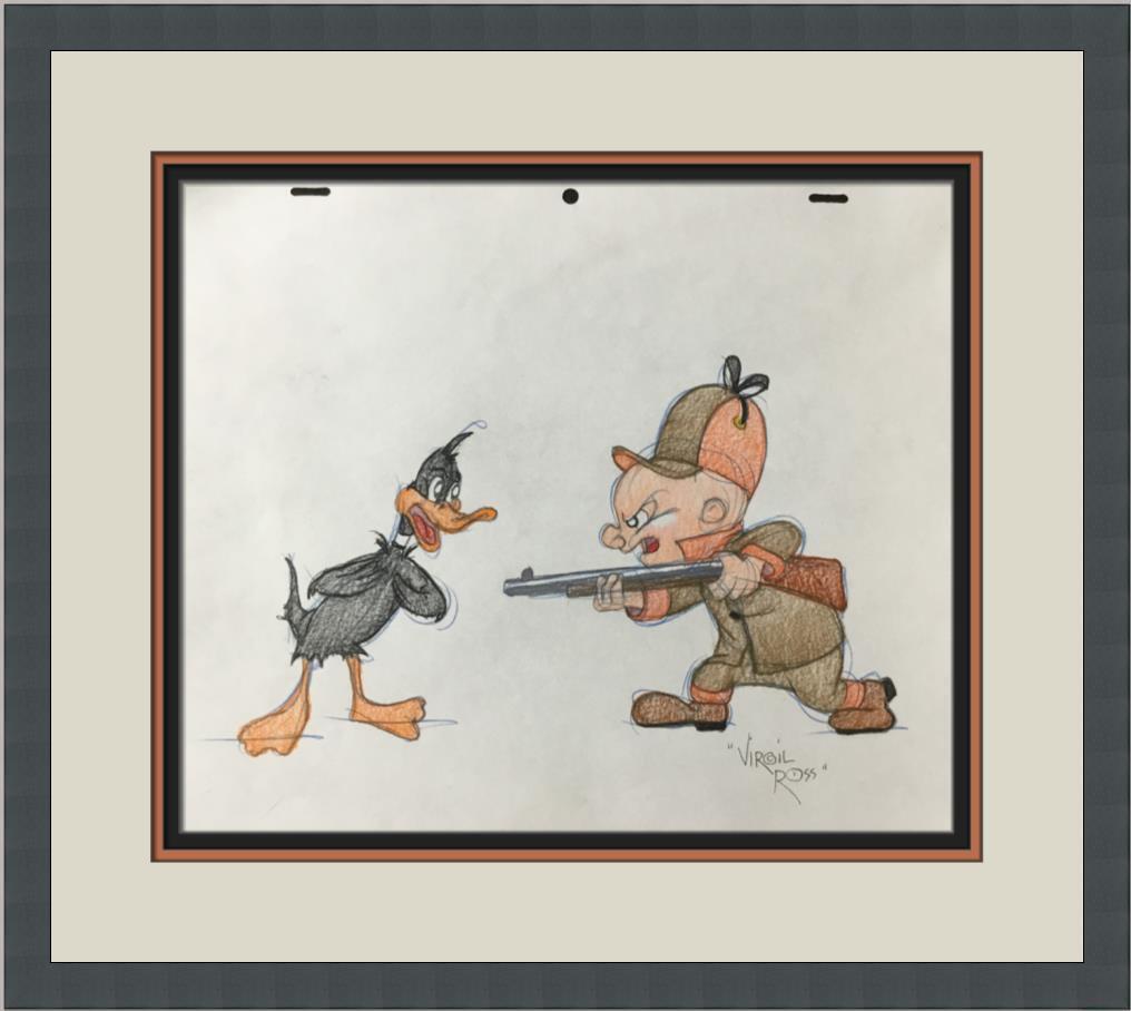Virgil Ross Original Signed Model Sheet Drawing Elmer J Fudd Daffy Custom Framed: Virgil Ross Original Signed Model Sheet Drawing Elmer J Fudd Daffy Custom Framed Character: Daffy Duck Elmer J Fudd Animation Studio: Warner Bros Item Height: 10 in Item Width: 12 in Theme: Animation