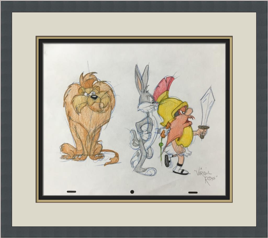 Virgil Ross Original Signed Model Sheet Drawing Bugs Bunny Lion Custom Framed: Virgil Ross Original Signed Model Sheet Drawing Bugs Bunny Lion Custom Framed Character: Bugs Bunny Yosemite Sam Lion Animation Studio: Warner Bros Item Height: 10 in Item Width: 12 in Theme: Animatio