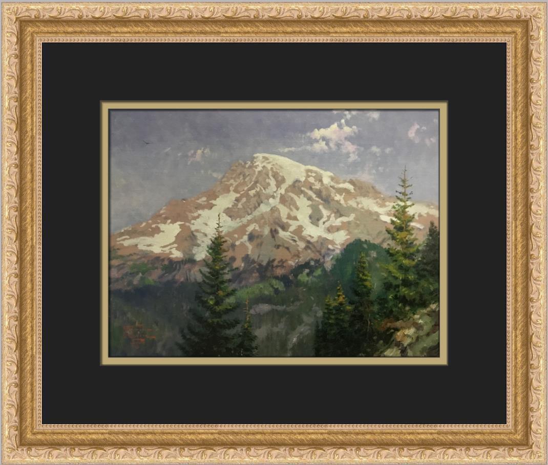 Thomas Kinkade Mount Rainier Custom Framed Print: Thomas Kinkade Mount Rainier Custom Framed Print Size: Medium Region Of Origin: United States Artist: Thomas Kinkade Production Technique: Offset Lithograph Framing: Matted & Framed Style: Americana R