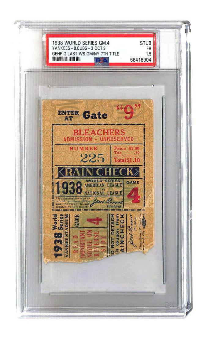 1938 World Series Ticket Game 4 Yankees Clinch Gehrig Last WS Game PSA 1.5 *8904: 1938 World Series Ticket Game 4 Yankees Clinch Gehrig Last WS Game PSA 1.5 *8904 Sport: Baseball Year: 1938 Original/Reproduction: Original Country/Region of Manufacture: United States Team-Baseball: 