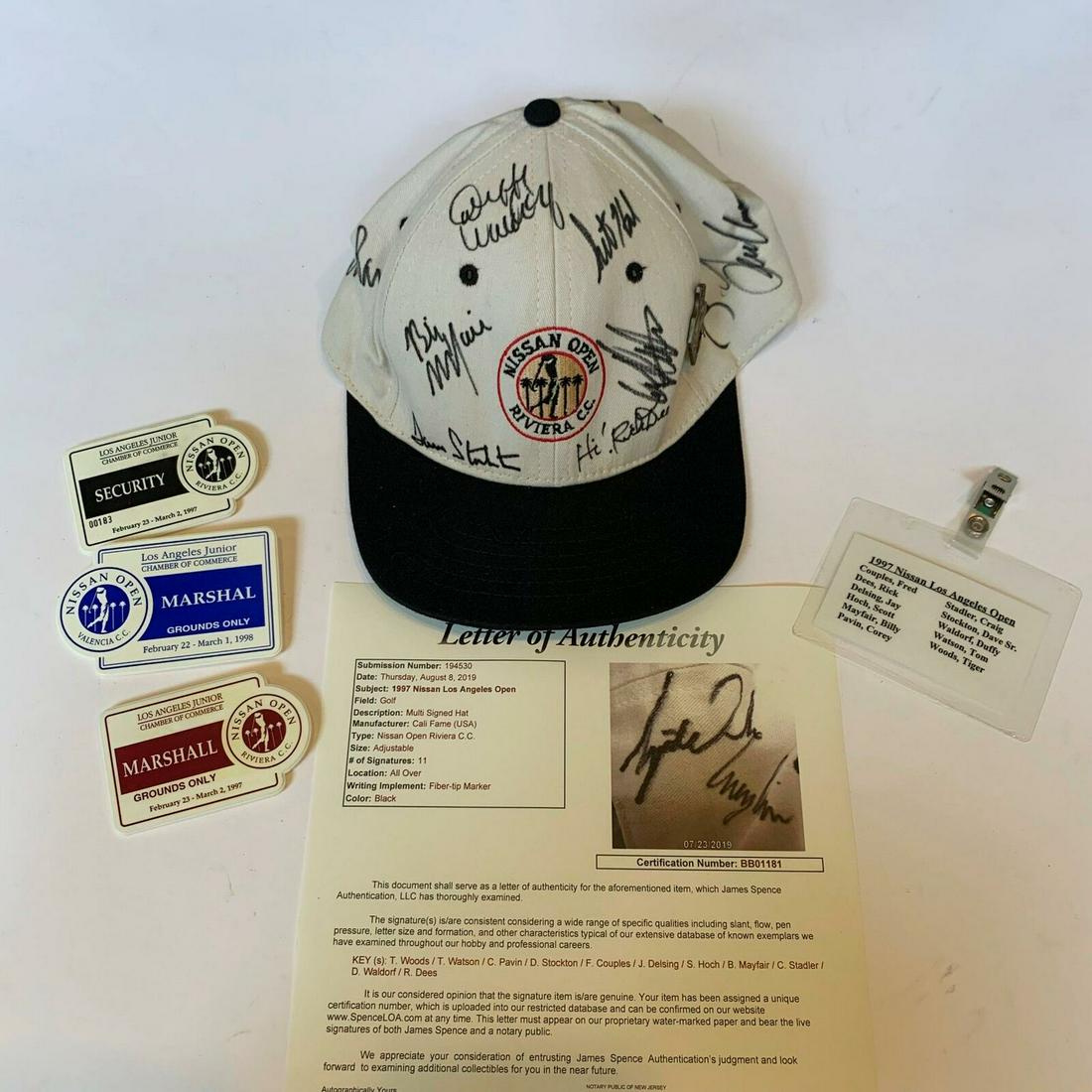 Tiger Woods 1997 Los Angeles Nissan Open PGA Multi Signed Hat 11 Sigs JSA COA: Tiger Woods 1997 Los Angeles Nissan Open PGA Multi Signed Hat 11 Sigs JSA COA Autograph Authentication: James Spence (JSA) Player: Tiger Woods Product: other Original/Reprint: Original Sport: Golf-PGA