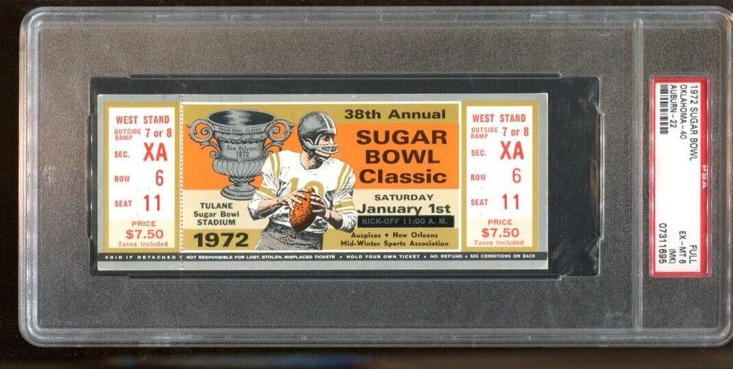 1972 Sugar Bowl Full Ticket Oklahoma Sooners v Auburn Tigers PSA *1695: 1972 Sugar Bowl Full Ticket Oklahoma Sooners v Auburn Tigers PSA *1695 Sport: Football Product Type: Ticket Stub Item: Ticket Stub Original or Reprint: Original Pre-Owned PLEASE NOTE: Framed Large or 