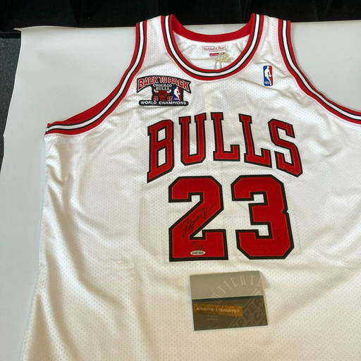 Michael Jordan Autographed Chicago Bulls White Champion Jersey Framed