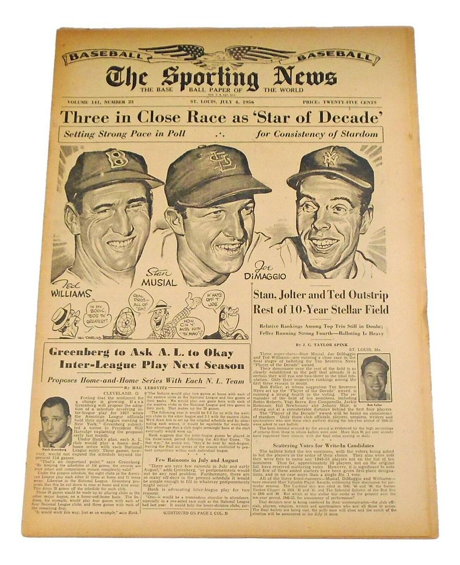 1956 The Sporting News 7/4/56 TSN Ted Williams Stan Musial Joe DiMaggio 82982: 1956 The Sporting News 7/4/56 TSN Ted Williams Stan Musial Joe DiMaggio 82982 Player: Ted Williams Year: 1956 Sport: Baseball-MLB Original/Reproduction: Original Country/Region of Manufacture: United 