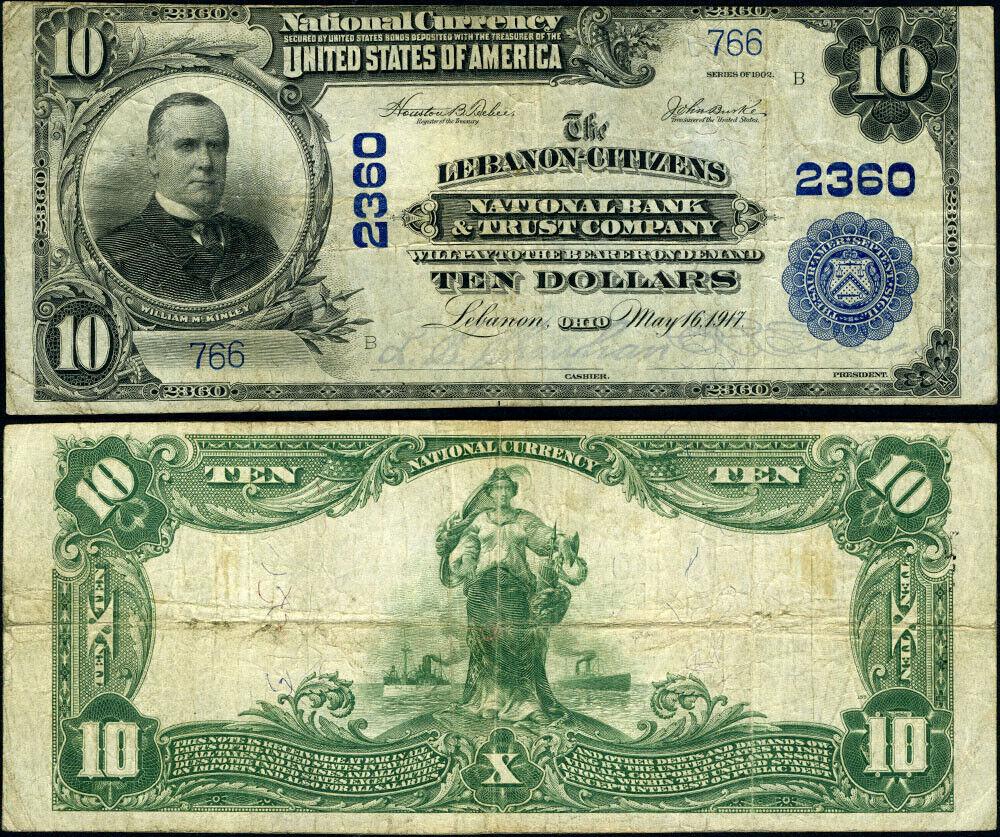 Lebanon OH-Ohio $10 1902 PB National Bank Note Ch #2360 Lebanon-Citizens NB & TC: Lebanon OH-Ohio $10 1902 PB National Bank Note Ch #2360 Lebanon-Citizens NB & TC Certification: Uncertified Grade: VF Circulated/Uncirculated: Circulated Denomination: $10 Type: National Bank Note Yea