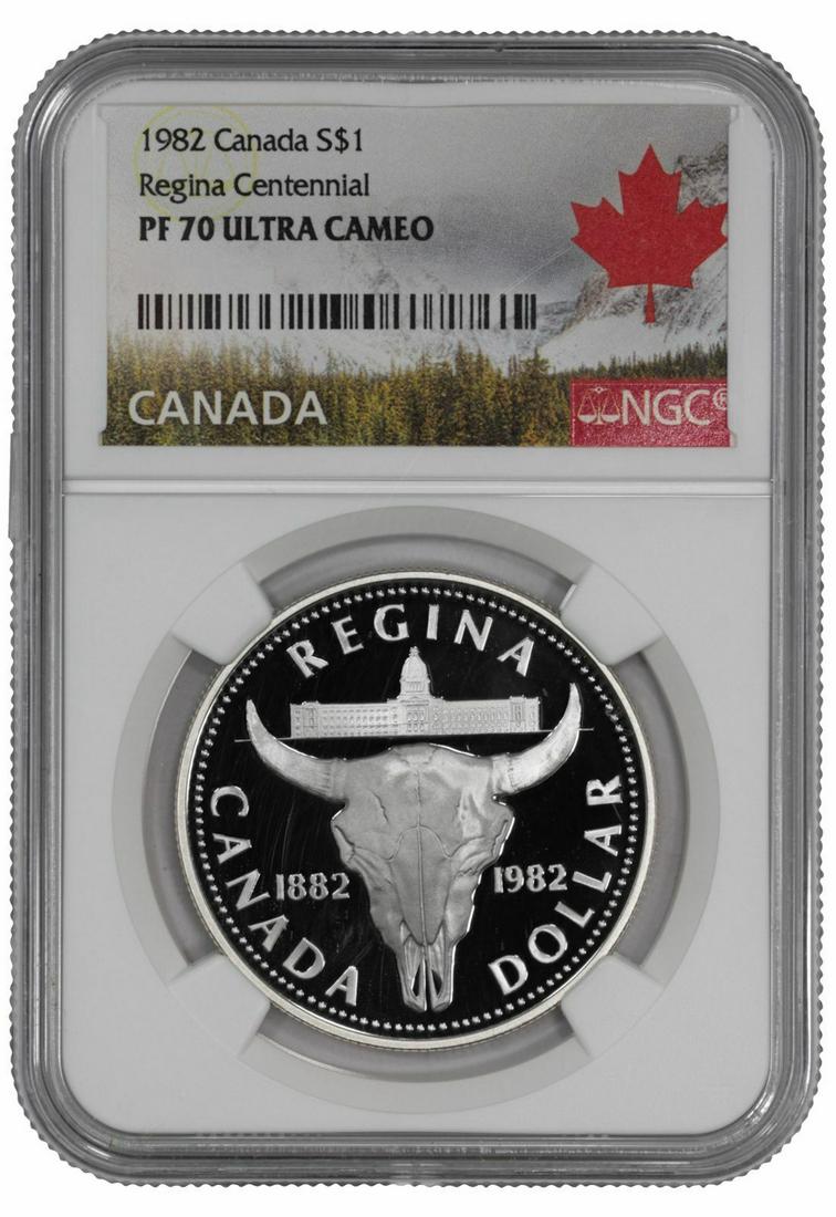 1982 PROOF REGINA CENTENNIAL BULL SKULL CANADA SILVER DOLLAR $1 NGC PF 70 UCAM: 1982 PROOF REGINA CENTENNIAL BULL SKULL CANADA SILVER DOLLAR $1 NGC PF 70 UCAM Modified Item: No Certification: NGC Coin: Regina Centennial - Bull Skull Grade: PF 70 Year: 1983 Circulated/Uncirculated