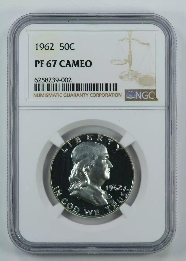 1962 PROOF FRANKLIN HALF DOLLAR 50C SILVER NGC CERTIFIED PF 67 CAMEO (002): 1962 PROOF FRANKLIN HALF DOLLAR 50C SILVER NGC CERTIFIED PF 67 CAMEO (002) Certification: NGC Composition: Silver Grade: PF-67 Year: 1962 Circulated/Uncirculated: Uncirculated Strike Type: PR Mint Loc