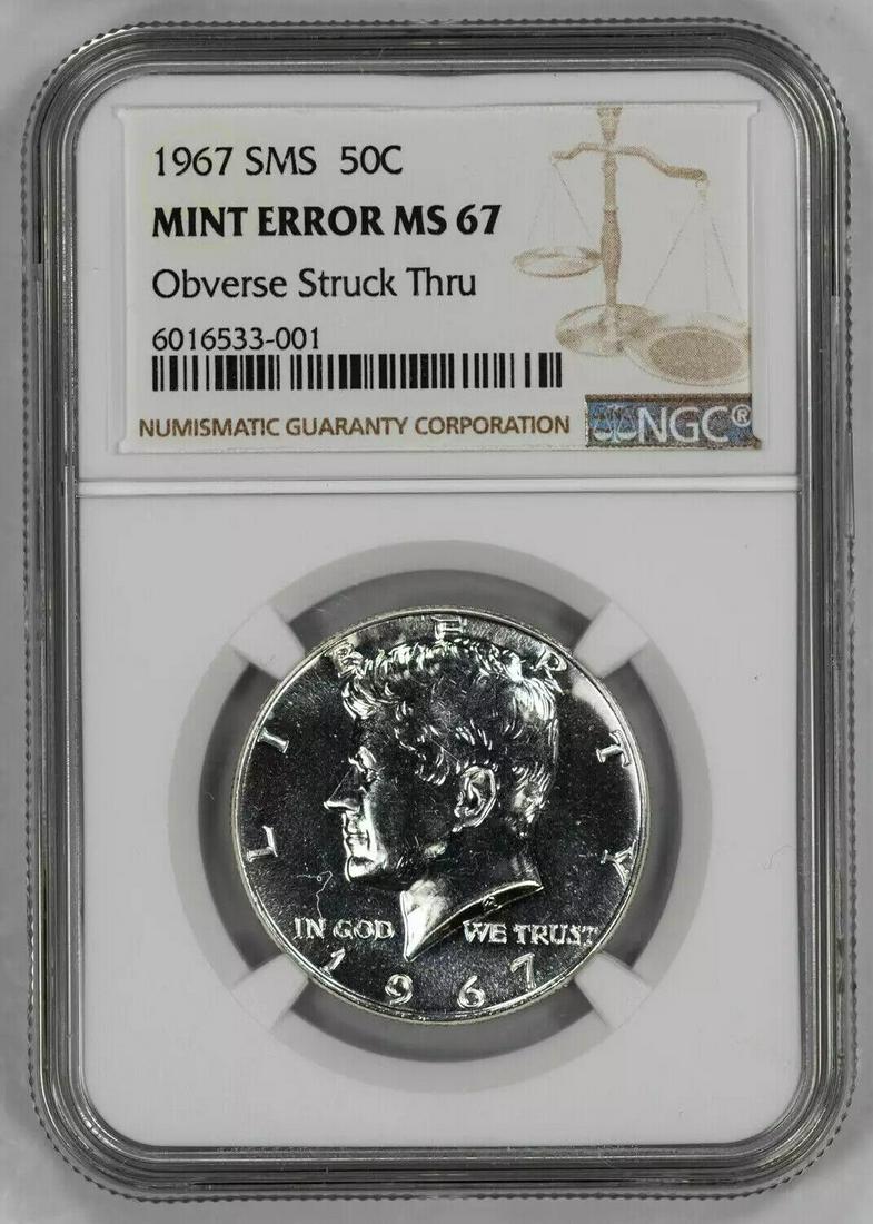 1967 SMS KENNEDY HALF DOLLAR 50C NGC MS 67 MINT UNC ERROR OBV STRUCK THRU (001): 1967 SMS KENNEDY HALF DOLLAR 50C NGC MS 67 MINT UNC ERROR OBV STRUCK THRU (001) Certification: NGC Composition: Silver Grade: MS-67 Year: 1967 Circulated/Uncirculated: Uncirculated Strike Type: MS Min