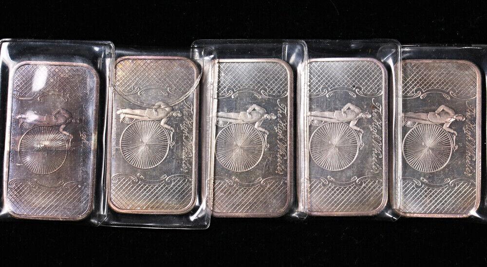 Madison Mint 1 Ounce Silver Bar - The High Wheeler Bicycle - 5 Bar Lot .999 Fine: Madison Mint 1 Ounce Silver Bar - The High Wheeler Bicycle - 5 Bar Lot .999 Fine Composition: Silver Year: None Pre-Owned The MYNT Guarantee: All items in this auction are guaranteed to be 100% authen