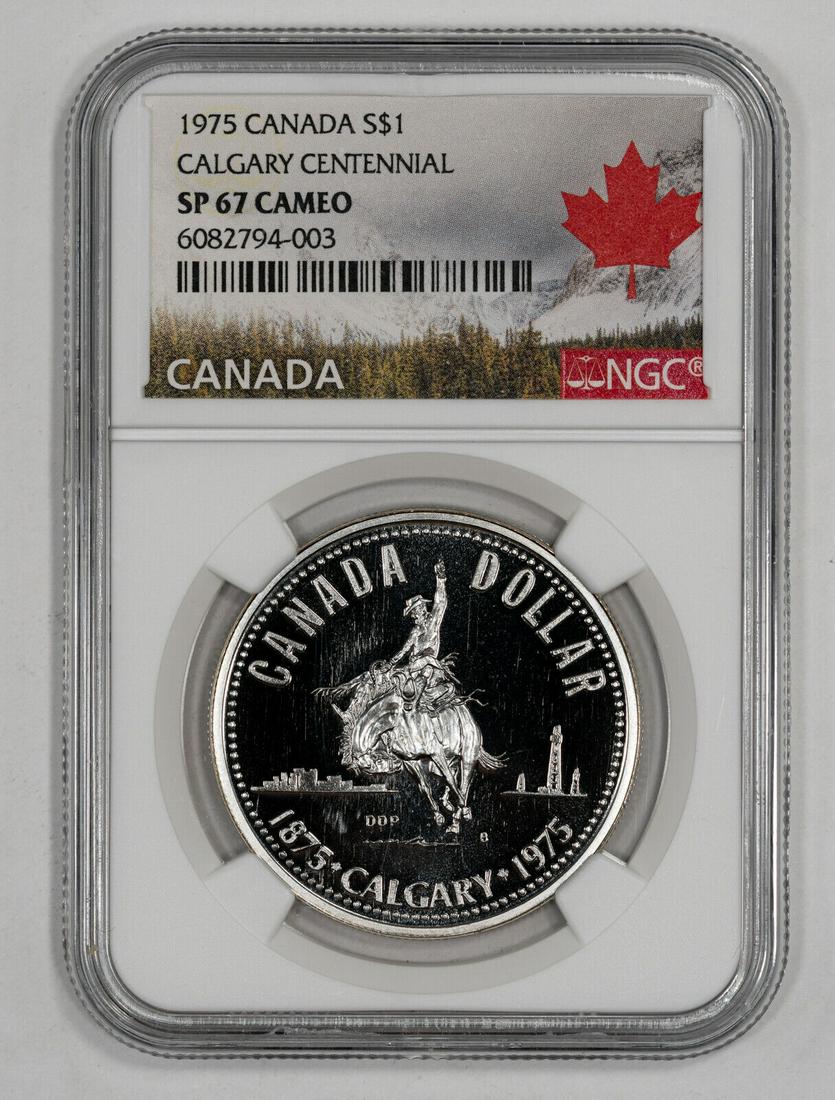 1975 PROOF CANADA DOLLAR S$1 CALGARY SILVER NGC SP 67 CAMEO (003): 1975 PROOF CANADA DOLLAR S$1 CALGARY SILVER NGC SP 67 CAMEO (003) Certification: NGC Composition: Silver Grade: SP-67 Year: 1975 Circulated/Uncirculated: Unknown Strike Type: SP Country: CANADA Km Num