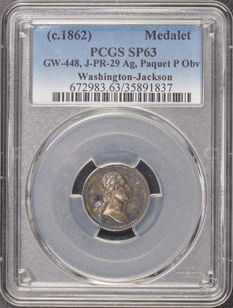 1862 Washington Jackson Paquet Silver Medalet PCGS SP63 PR-29: 1862 Washington Jackson Paquet Silver Medalet PCGS SP63 PR-29 Circulated/Uncirculated: Uncirculated Grading Service: PCGS Certification Number: 35891837 Grade: PR63 Year Of Issue: 1862 Pre-Owned The M