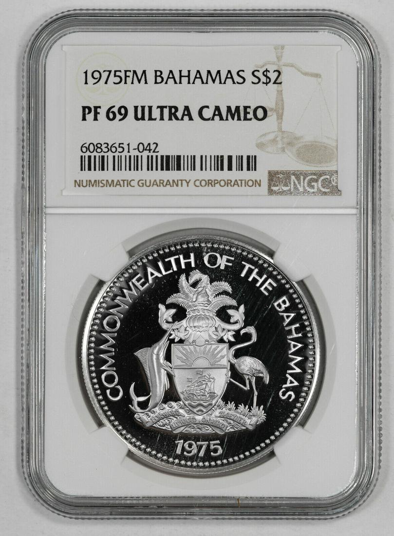 1975 FM PROOF BAHAMAS SHIELD FLAMINGO S$2 NGC CERTIFIED PF 69 ULTRA CAMEO (042): 1975 FM PROOF BAHAMAS SHIELD FLAMINGO S$2 NGC CERTIFIED PF 69 ULTRA CAMEO (042) Certification: NGC Composition: Silver Grade: PF-69 Year: 1975 Circulated/Uncirculated: Uncirculated Strike Type: PR Min