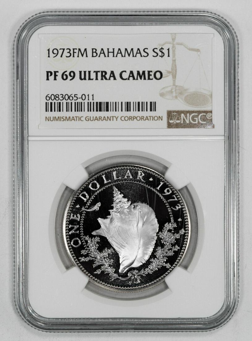 1973 FM PROOF BAHAMAS DOLLAR S$1 SILVER CONCH SHELL NGC PF 69 - ULTRA CAMEO (011: 1973 FM PROOF BAHAMAS DOLLAR S$1 SILVER CONCH SHELL NGC PF 69 - ULTRA CAMEO (011 Certification: NGC Strike Type: Proof Grade: PF 69 ULTRA CAMEO Year: 1973 Composition: Silver Pre-Owned The MYNT Guaran