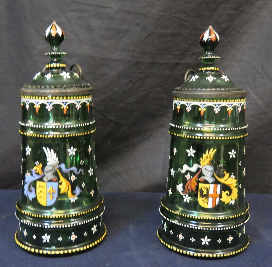 Vintage Pair of 19th Century Glass House of Anton Ambrose Decorated Glass Steins: Vintage Pair of 19th Century Glass House of Anton Ambrose Decorated Glass Steins Features: Hand Painted Time Period Manufactured: 19th century Origin: Bohemia Material: Glass Glassmaking Technique: Ha