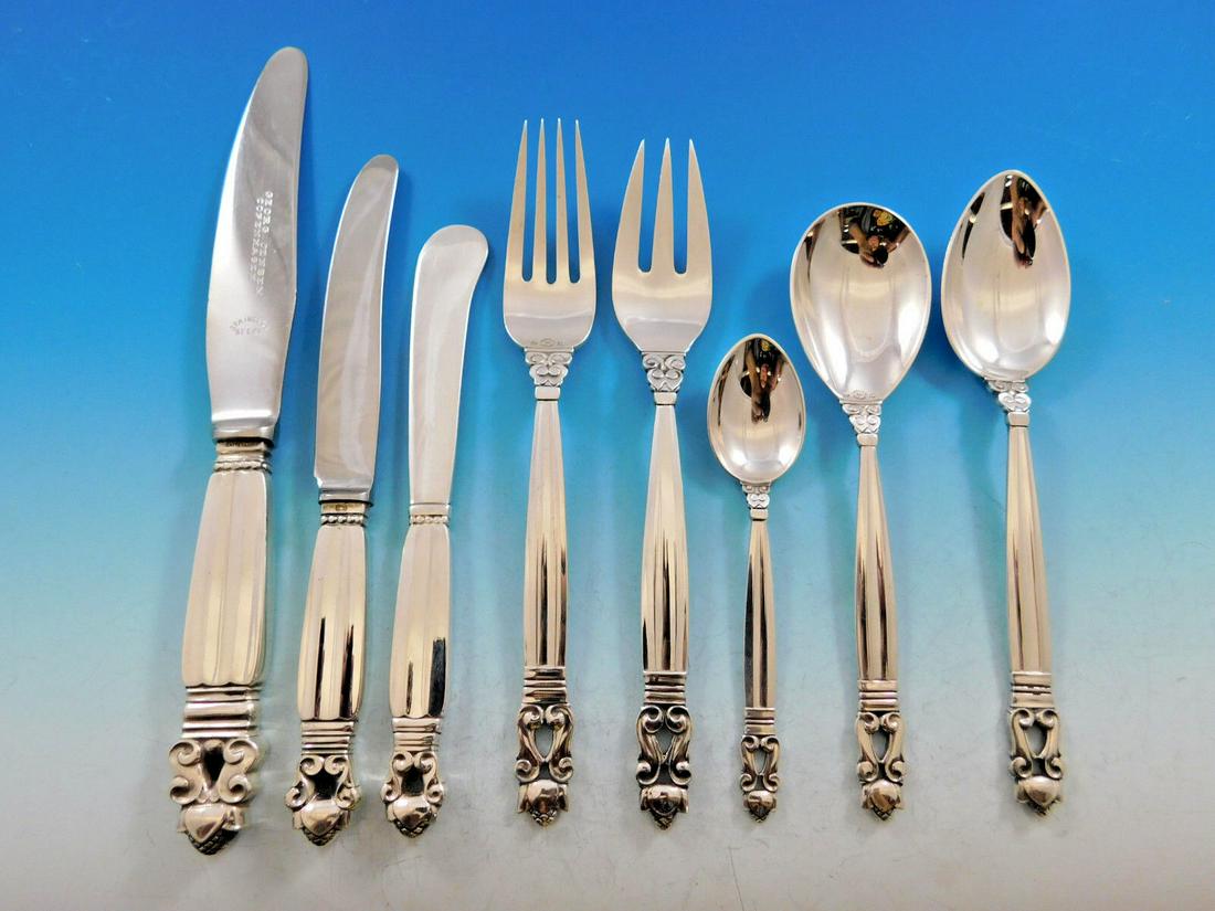 Acorn by Georg Jensen Danish Sterling Silver Flatware Set for 8 Service 64 pcs: Acorn by Georg Jensen Danish Sterling Silver Flatware Set for 8 Service 64 pcs Gorgeous sterling silver stuns in this rich pattern that features a natural theme reminiscent of old world grace. A class