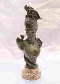 MAGNIFICENT 19C FRENCH ART NOUVEAU PATINATED BRONZE BUST ON MARBLE SIGNED (1 of 8)