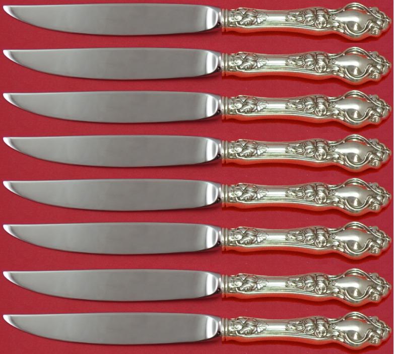 Violet by Wallace Sterling Silver Steak Knife Set 8pc Not Serrated Custom: Violet by Wallace Sterling Silver Steak Knife Set 8pc Not Serrated Custom Violet by wallacesterling silver hollow handle set of 8 steak knives 8" with stainless not-serrated blade in the pattern viole