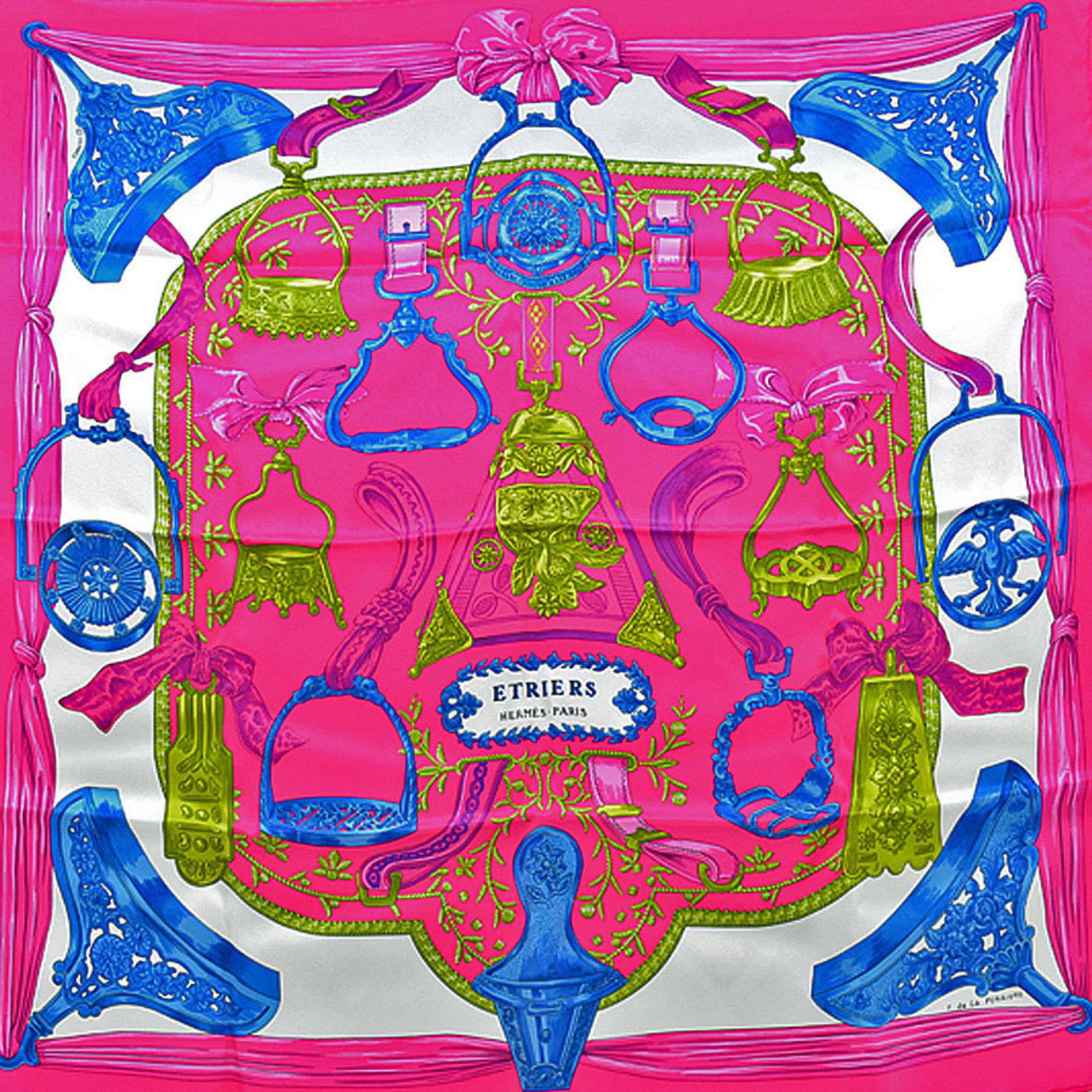 Hermes Scarf Carre 70 ETRIERS Pink Blue White Khaki Silk 100% Ladies: Hermes Scarf Carre 70 ETRIERS Pink Blue White Khaki Silk 100% Ladies Brand: Hermes Country of Origin: France Type: Scarf Gender: Women Color: Blue Khaki Pink White Material: Silk100% Silk: 100% Size (