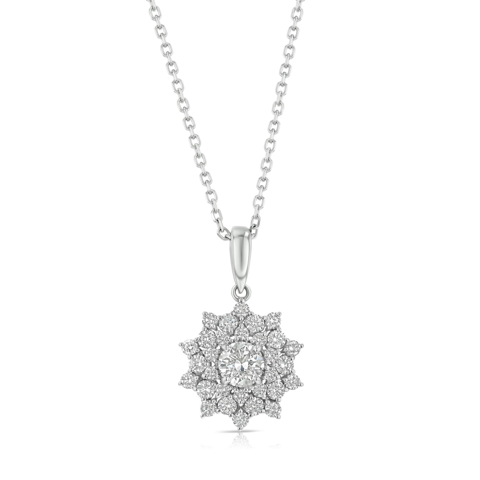 Diamond Floral Pendant In 14k White Gold 1/2ct Ctr 1-1/10ctw 16-18 Inch Adj Chain: Diamond Floral Pendant In 14k White Gold 1/2ct Ctr 1-1/10ctw 16-18 Inch Adj Chain Gorgeous Flair Cluster Floral Pendant With 1/2ct Round Center Accented With Round Brilliant Diamonds Total Weight 1-1/