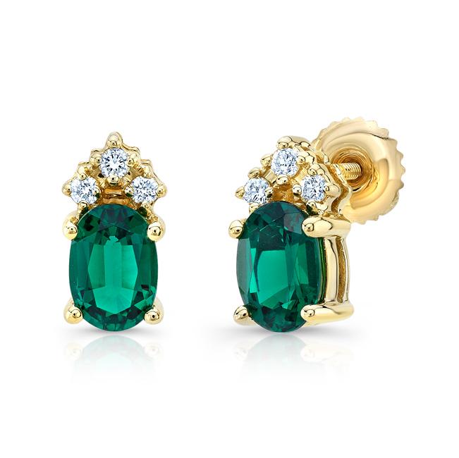 Diamond And Emerald Earrings In 14k Yellow Gold: Diamond And Emerald Earrings In 14k Yellow Gold Handcrafted 14k Solid Gold Created Emerald And Diamond Stud Earrings. These Earrings Will Make The Perfect Heirloom Gift For Those Special Occasions. 14