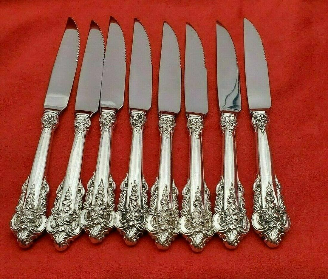 Grande Baroque by Wallace Sterling Silver Steak Knife Set of 8 HH Custom 8 1/2": Grande Baroque by Wallace Sterling Silver Steak Knife Set of 8 HH Custom 8 1/2" Grande baroque by wallacebest seller! sterling silver hollow handle with stainless serrated blade set of 8 steak knives 
