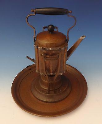 Joseph Heinrichs Copper Kettle On Stand with Tray Arts & Crafts 13" X 8": Joseph Heinrichs Copper Kettle On Stand with Tray Arts & Crafts 13" X 8" (#0190) Joseph heinrichs arts & crafts kettle on stand and tray was handmade by joseph heinrichs. The piece is made of copper a