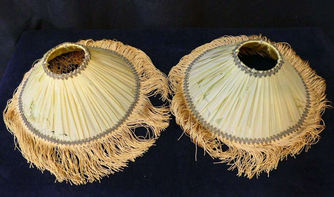 Pair of Tiffany Studios Silk Candle Lampshades as is: Pair of Tiffany Studios Silk Candle Lampshades as is Brand: Tiffany Studios Pattern: pleats & fringe Type: lamp shade Occasion: All Occasions Color: Gold Number In Pack: 2 Style: 1900 - 1920 Material: