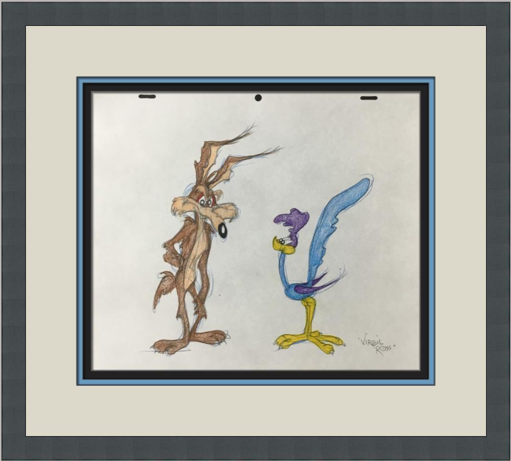 Virgil Ross Original Signed Model Sheet Drawing Road Runner Coyote Custom Framed: Virgil Ross Original Signed Model Sheet Drawing Road Runner Coyote Custom Framed Character: Wile E Coyote Road Runner Animation Studio: Warner Bros Item Height: 10 in Item Width: 12 in Theme: Animatio